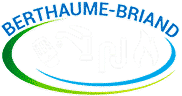 Logo Berthame-Briand avec inscription bleue et symboles blancs de plomberie (WC, robinet, tuyaux) et chauffage (flamme) sur fond noir et ovale vert/bleu.